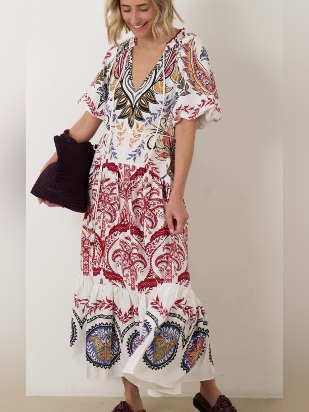 FARM Rio Camafeu Boho Glam Maxi Dress with Red, Blue & Gold Floral Print